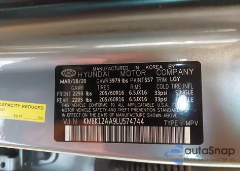 2020 Hyundai Kona Se from USA, damaged, VIN KM8K12AA9LU574744